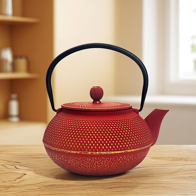 30.4oz Small Cast Iron Teapot, Tea Kettle for Stovetop Safe Coated with Enameled Interior, Red Japanese Tetsubin, Tea Pot with Stainless Steel Infuser for Loose Tea(900ml)
