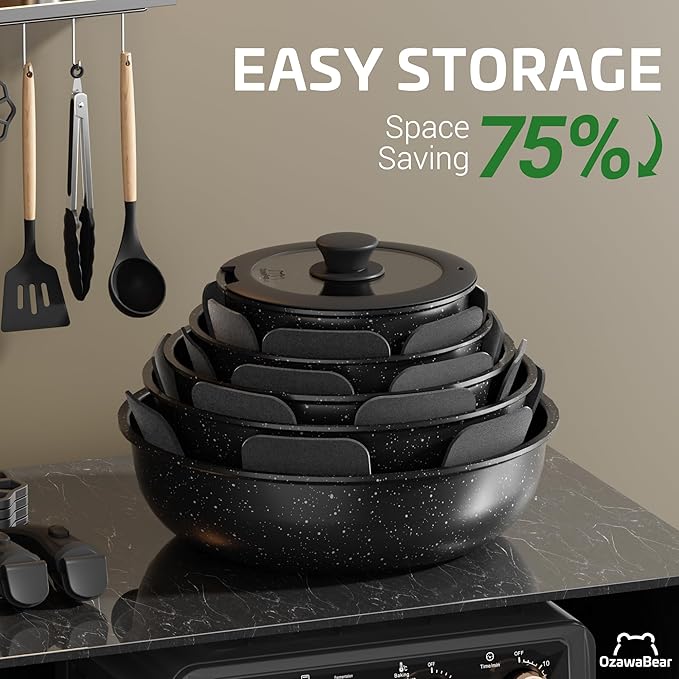 23 Pcs Pots and Pans Set Non Stick, Ceramic Cookware Set Non Toxic with Detachable Handles, Healthy Induction Cookware Oven Safe RV Kitchen Set, PFAS PFOA & PTFE Free, Black