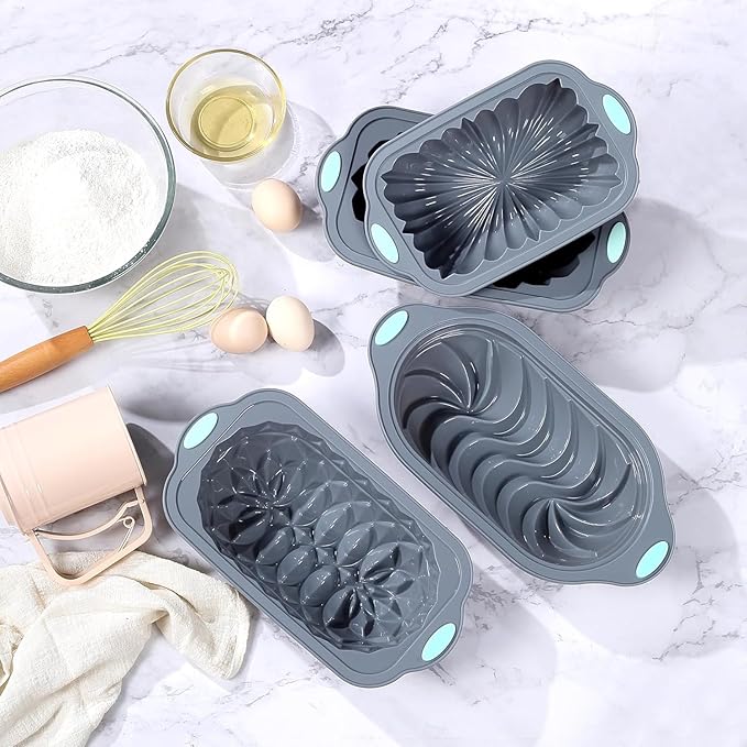 Tongjude 45 Pieces Silicone Loaf Pan for Baking Bread, 6 Cups Silicone Baking Pans Set, Fluted Cupcake, Non-Stick Kitchen Oven Baking Pans, with Measuring Cups and Spoons Set, Grey