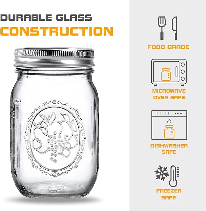 Regular Mouth Glass Mason Jars 16 oz, 6 Pack Glass Canning Jars with Metal Airtight Lids and Bands and Measurement Marks, for Canning, Preserving, Overnight Oats, Jam, Jelly, Food Storage, DIY etc