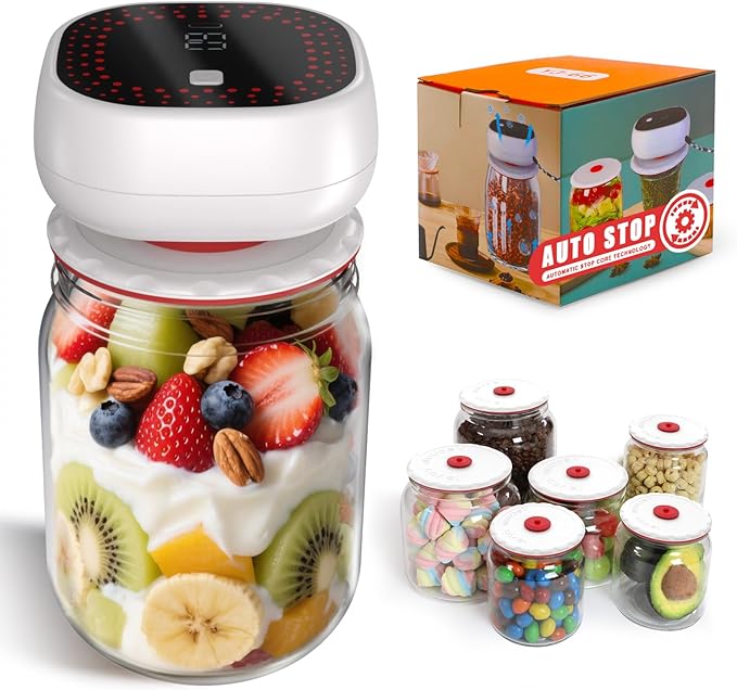 Electric Mason Jar Vacuum Sealer Kit - Auto-Stop with Digital Display, 60kPa Ultra Strong Suction for Wide/Regular Mouth Jars, Preserve Freshness 12X Longer (Includes 6 Lids & Bag Adapters)