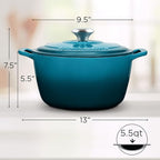 Signature Enameled Cast Iron Dutch Oven, Non-Stick Serving Pot with Tight Fitting Lid for Perfect Roasting, Baking, Sauteing, and Bread Making | 5.5Q (5.2L) - Ocean Blue