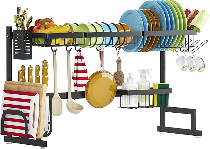 PUSDON Over Sink Dish Drying Rack Stainless Steel, Adjustable Large Dish Drainer for Storage Kitchen Organization Black 2 Tier - Standard(26"-38")