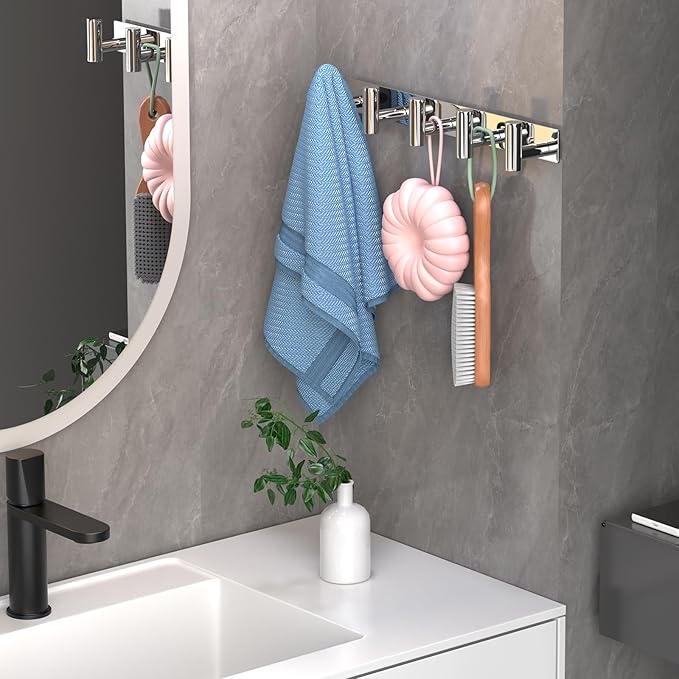 Wall Mounted Coat Rack-5 Hooks, Heavy Duty Stainless Steel Hook Rail for Towel Coat Hat Purse Bag Jacket, Towel Hooks for Entryway Bathroom Kitchen (Glossy 5 Hooks - 1 Pack)