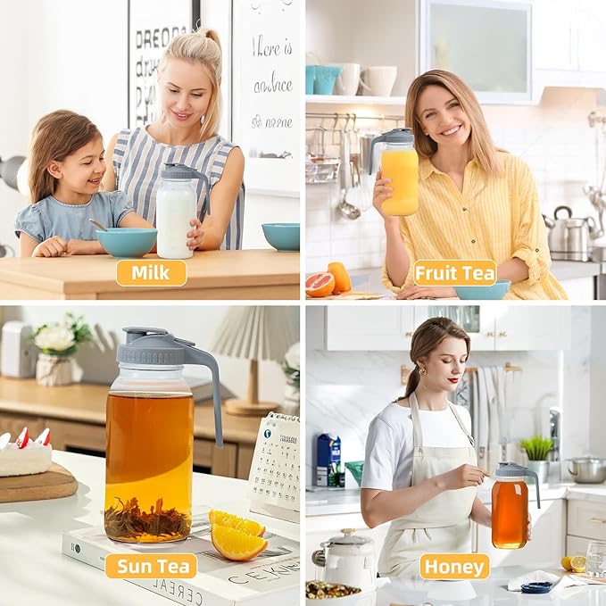Glass Mason Jar Pitcher - 64 oz/2 Quart Wide Mouth Jug with Lid and Pour Spout, Airtight Seal, Leak Proof Iced Tea Pitcher for Sun Tea, Juice, Breast Milk, Cold Beverages, Coffe