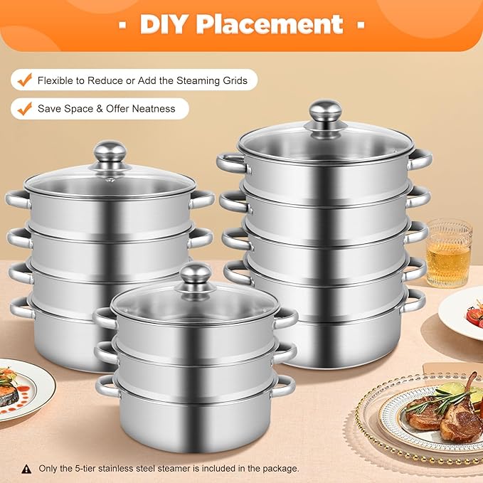 Steamer Pot for Cooking 5-Tier Stainless Steel Meat Vegetable Cooking Kitchen Steamer Cooker Multi-Layer Food Cookware with Handle for Gas Electric Stove Dumpling Stock Sauce (26cm)