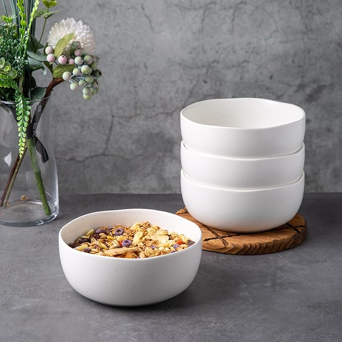 AmorArc Speckled Cereal Bowls Set of 4 for Kitchen, 28oz Large Ceramic Soup Bowls for Cereal Soup Noodle Snacks, Oven,Dishwasher&Microwave Safe Stoneware Bowls with Wavy Rim, Speckled-White