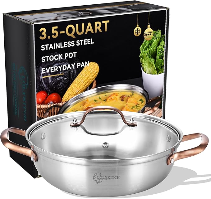 LOLYKITCH 11 Inch Tri-Ply Stainless Steel Sauté Pan with Lid,3.5 QT Everyday Pan,Kadhai,Induction Cooking Pan,Dishwasher and Oven Safe.