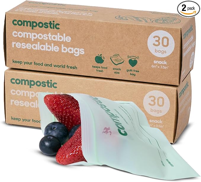 Home Compostable Resealable Snack Bags (6"x 3.5"), Microwave & Freezer Safe, Organic Food Storage Container, 30 Count (Pack of 2)