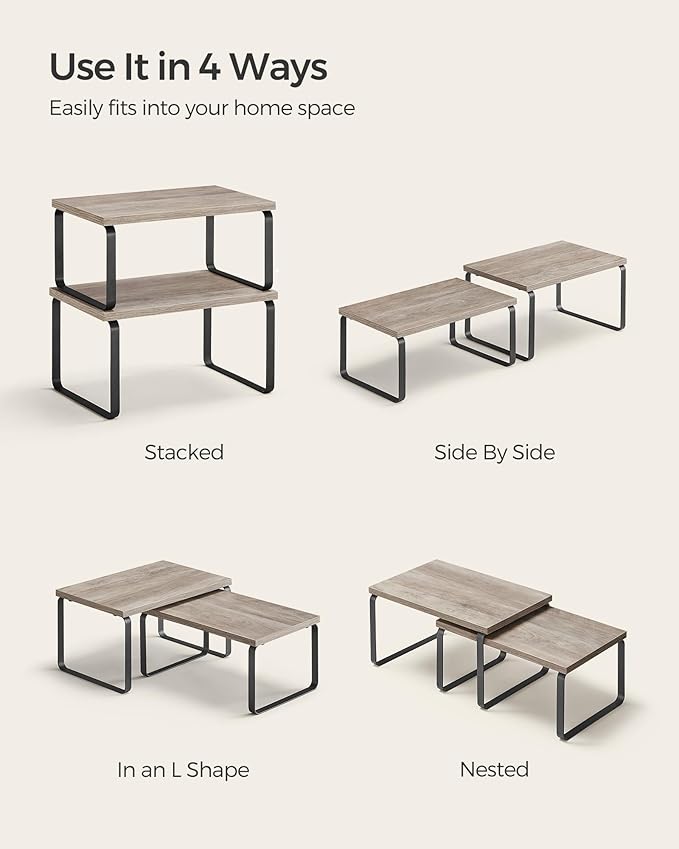 SONGMICS Cabinet Organizer Shelf, Set of 4 Kitchen Counter Shelves, Kitchen Storage, Spice Rack, Stackable, Expandable, Metal and Engineered Wood, Ink Black and Heather Greige UKCS021X02