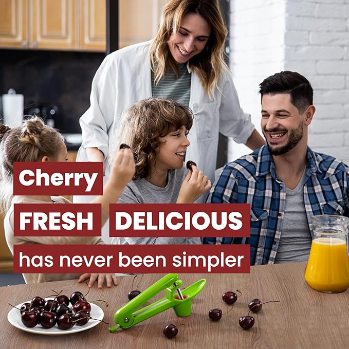 SCHVUBENR Cherry Pitter Tool - Stainless Steel Cherry Corer Pitter with Ergonomic Push Design - Easy to Use for Making Cherry Jam - Pit Cherry with Ease, Saving Time & Space with Lock Design(Green)
