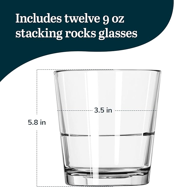 Libbey 15790 Restaurant Basics Stacking 9 oz Pint Glasses Set of 12, All Purpose Heavy Duty Glasses, Durable and Dishwasher-Safe Glass Drinkware