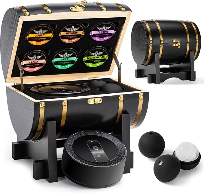 Electric Whiskey Smoker Kit with Wooden Display Barrel, Rechargeable Cocktail Smoker Kit with 6 Premium Wood Chips for Old Fashioned & Whiskey – Bar Gift for Men, Dad, Husband (No Butane Needed)