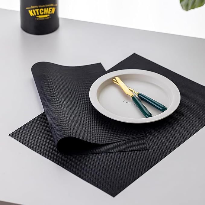 LEXMORE PVC Woven Placemats 4 PCS Wipeable Indoor/Outdoor Table Mats Washable Vinyl Place Mats for Dining Table, Set of 4-Black