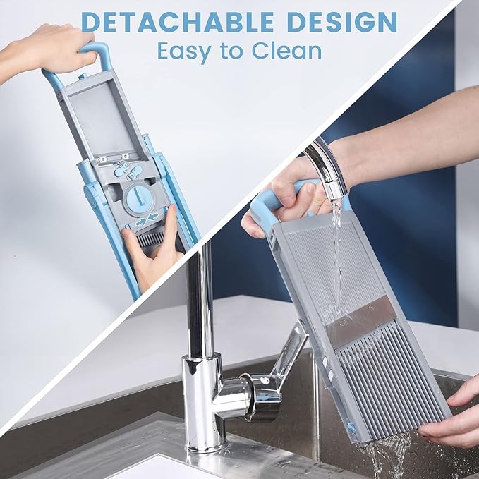 Upgrade Safe Mandoline Slicer Plus for Kitchen, SupMaKin Bigger Port Vegetable Food Potato Chopper, Adjustable Thickness, Julienne & Dicer With Vegetable Spiralizer (LightBlue)