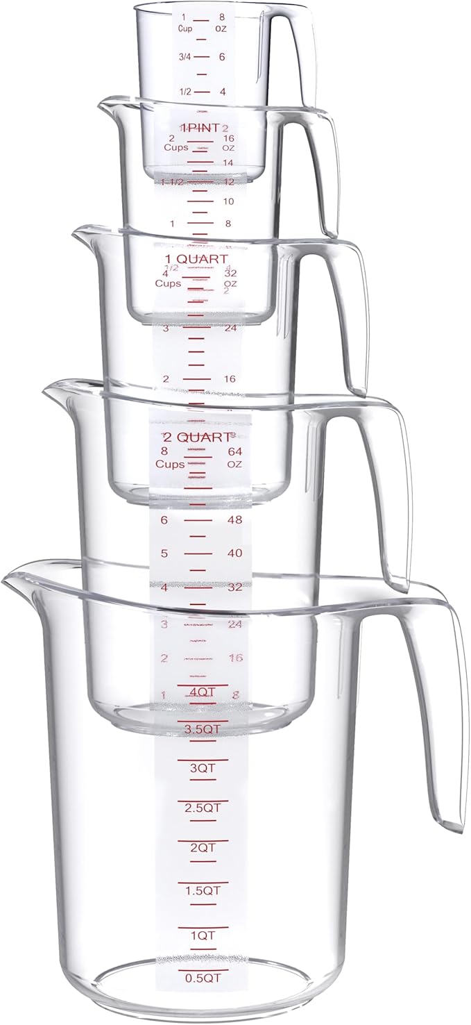 DaYammi Measuring Cups 5-Piece, Unbreakable Food-Grade Plastic Measuring Cup for Dishwasher, 1/2/4/8/16-Cup Nesting Liquid Measuring Cups for Prepping, Baking, Cooking, Readable Markings, Clear