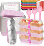 200 Pack Mini Loaf Pans Mini Cake Pans with Lids and Spoons Sealing Sticker, 6.8oz Rectangle Aluminum Foil Baking Pans Disposable Loaf Cake Pan for Baking (Pink)