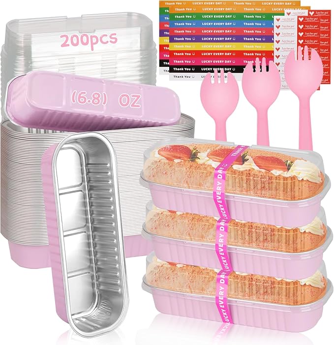200 Pack Mini Loaf Pans Mini Cake Pans with Lids and Spoons Sealing Sticker, 6.8oz Rectangle Aluminum Foil Baking Pans Disposable Loaf Cake Pan for Baking (Pink)