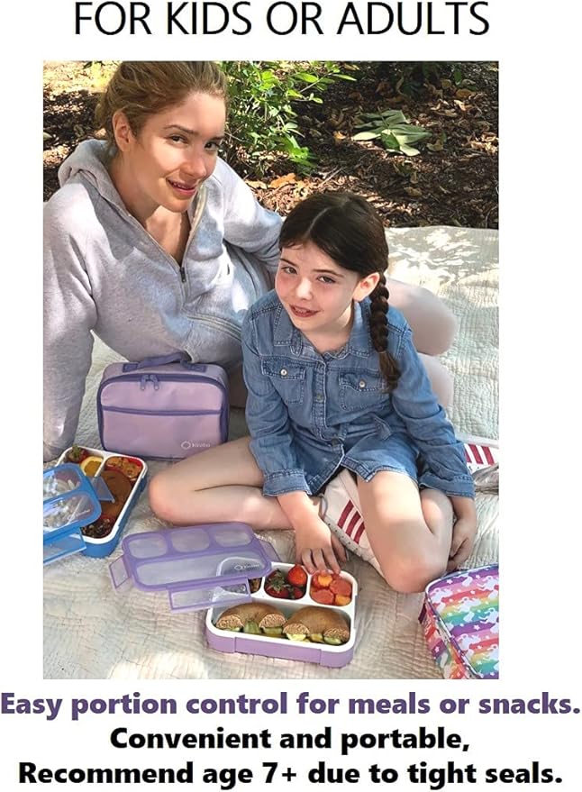 Bento-Box with Lunch Bag and Ice Pack Set. Containers for Kids Girls Adults Snacks and Lunches. 4 Compartments, Leak-proof Portion Container Boxes Insulated Bags for School, Purple