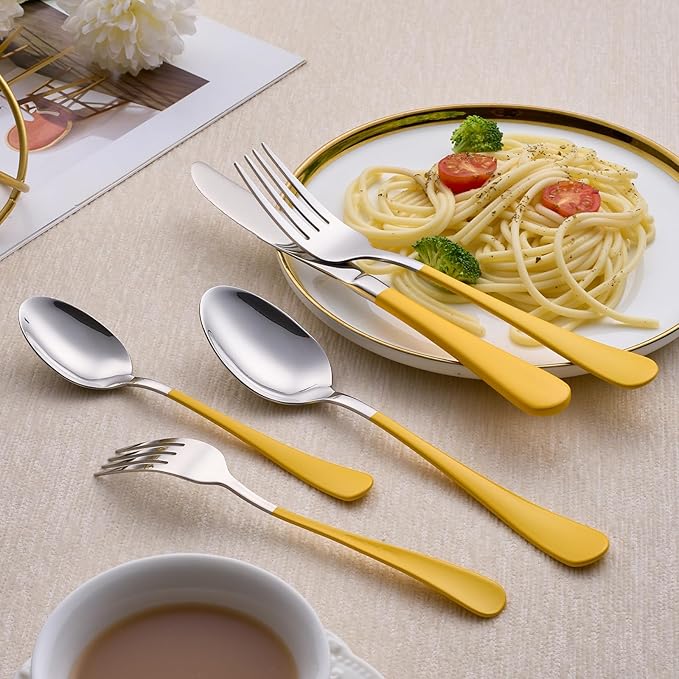 20-Piece Yellow Silverware Set 18/0 Stainless Steel Silverware Set Yellow Handle Cutlery Set Service for 4 Dinner Knives Forks Spoons Set Flatware Set Finish Dishwasher Safe