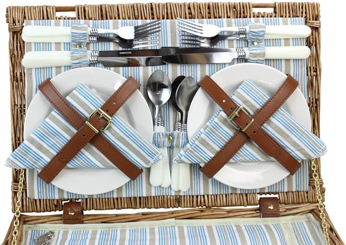 HappyPicnic Wicker Picnic Basket Set for 4 Persons | Large Willow Hamper with Large Insulated Cooler Compartment, Waterproof Blanket and Cutlery Service Kit-Classical Brown