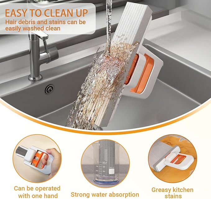 2-in-1 Self-Squeeze Portable Mop: 2 Extra Sponge Heads for Bathroom Corners, Kitchen Tiles, Car & RV Cleaning - Compact Travel Mop (Orange)