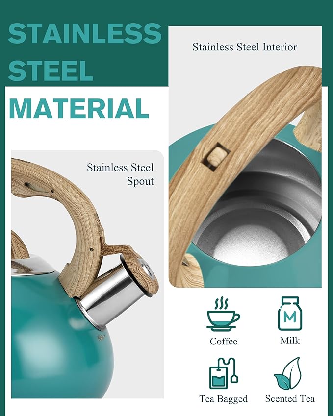 Tea Kettle,Teapots for Stove Top,2.0 Quart with Wood Pattern Handle Loud Whistle Food Grade Stainless Steel Teapot,for Heating Milk, Coffee, Chocolate