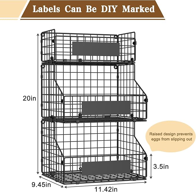 keomaisyto Egg Holder Countertop with Nameplate to Separate Eggs, 3 Tier Stackable Wire Storage Baskets for Gathering Fresh Eggs, Large Egg Rack for Countertop/Wall-Mounted, Medium (Patent Pending)