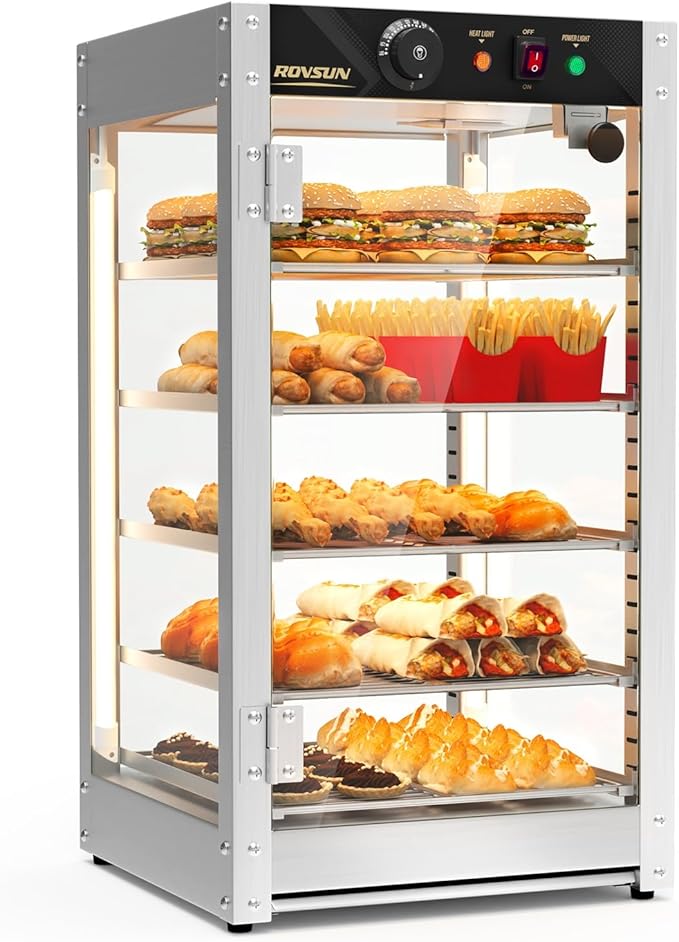 ROVSUN 5-Tier Commercial Food Warmer, 15" Pizza Warmer Food Warmer Display with LED Adjustable Lighting Glass Door Removable Shelves, Countertop Electric Food Warmer for Buffet Restaurant 110V 800W