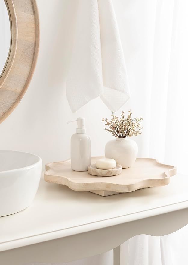 Kate and Laurel Alezar Mango Wood Wavy Round Lazy Susan Tray, 18 Inch Diameter, Light Bleached Wood, Scalloped Wooden Countertop Organizer with Turning Lazy Susan for Kitchen Storage or Ottoman Tray