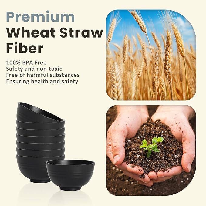 Homienly Wheat Straw Small Bowl Set of 8, Unbreakable Dessert Bowl - 10 OZ, Wheat Straw Mini Bowls for Kitchen, Kids, Microwave and Dishwasher Safe Bowls for Snack, Appetizer, Ice Cream (Black)