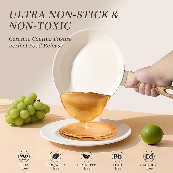 FELAMP Healthy Ceramic Nonstick Cookware Set, 7-Piece PFOA/PFOS/Toxin-Free Pots & Pans Set for Induction & All Stovetops, Dishwasher Safe with Glass Lids，Gift for New Home & Chefs