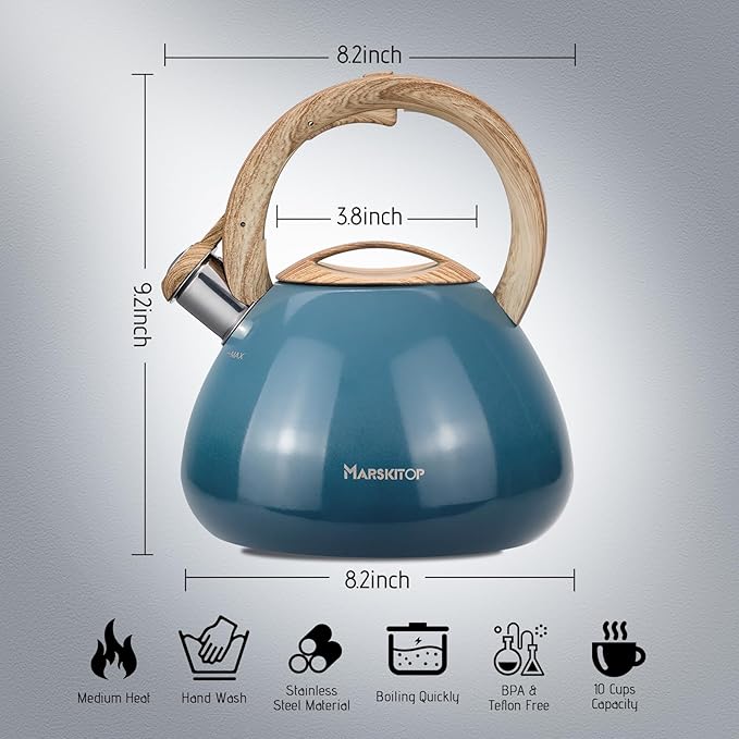 MARSKITOP Tea Kettle Stovetop Whistling Tea Pots for Stove Top Food Grade Stainless Steel Teapot for Induction Cooktop, 2.6 Quart, Blue