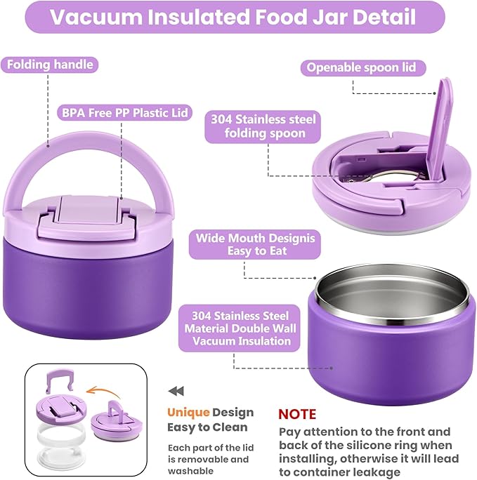 Bento Lunch Box with 8oz Soup Thermo,Kids Leakproof 4 Compartment Lunch Food Containers with Sauce Cup and Ice Pack,Kids Thermo Insulated Hot Food Jar and Lunch Bag for School,Trvael-Purple