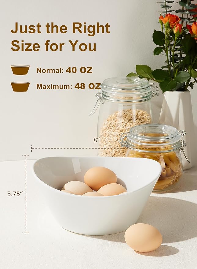 Yedio Salad Bowls Set, 48 Ounces Porcelain Serving Bowls for Kitchen, Large White Bowls for Soup, Oatmeal, Pasta, Snacks, Set of 2, Microwave Dishwasher Safe