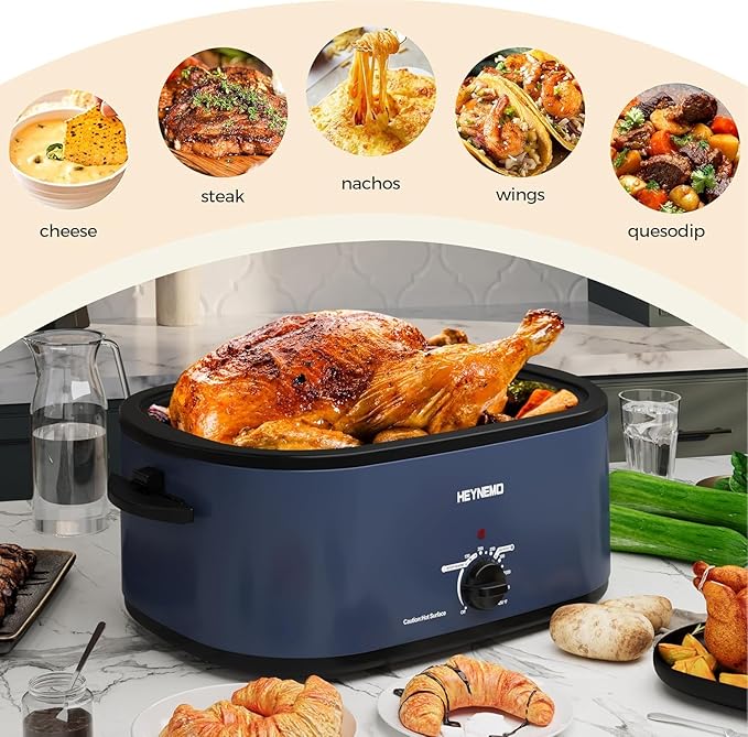 Roaster Oven 28 Quart, Electric Roaster Pan with Visible & Self-Basting Lid, Large Stainless Steel Electric Turkey Roaster Oven Defrost Warm Function, Removable Pan Rack, Fits Turkeys Up to 30LB, Blue