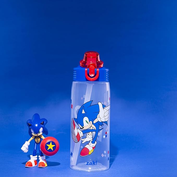 Zak Designs Sonic the Hedgehog Sage Water Bottle For School or Travel, 25oz Durable Plastic Water Bottle With Straw, Handle, and Leak-Proof, Pop-Up Spout Cover (Sonic)