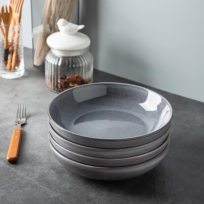 AmorArc 8.5'' Large Pasta Bowls, 36oz Stoneware Pasta Serving Bowls Set of 4 for Kitchen, Wide Bowls for Pasta,Salad,Fruit,Oatmeal, Microwave Safe, Reactive Glaze-Gray