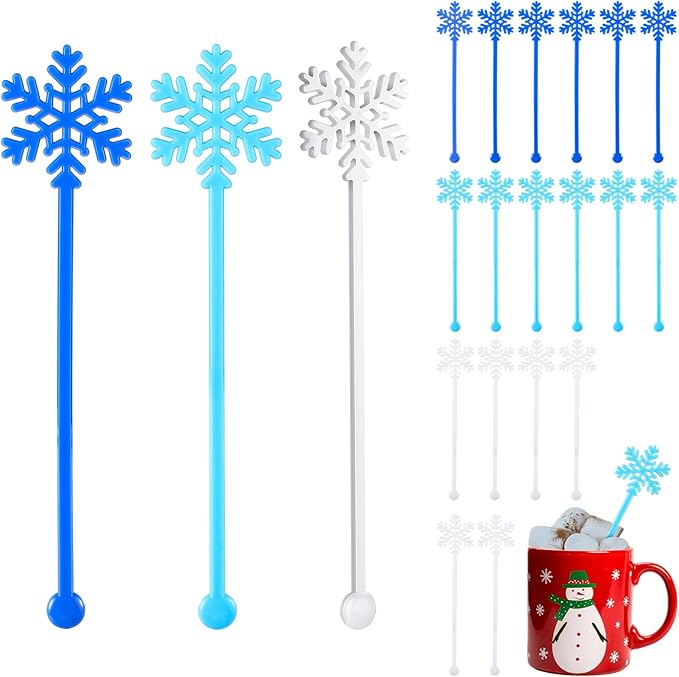 30 Pcs Christmas Drink Stirrers Xmas Stir Stick Holiday Coffee Swizzle Stick Reusable Plastic Hot Cocoa Bar Chocolate Decoration Cocktail Mixer(Blue Snowflake,Blue White)
