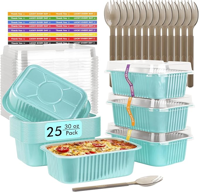LNYZQUS 30oz Small Baking Pans with Lids 25 Pack, 7” x 5” Aluminum Foil Containers Individual Cake Tins, Heavy Duty Takeout Leftover Containers Meal Prep Holders for Oven-Blue