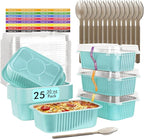 LNYZQUS 30oz Small Baking Pans with Lids 25 Pack, 7” x 5” Aluminum Foil Containers Individual Cake Tins, Heavy Duty Takeout Leftover Containers Meal Prep Holders for Oven-Blue