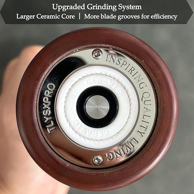 Wooden Pepper Grinder – Refillable Pepper Mill with Adjustable Upgraded Large Size Ceramic Burr – Manual Salt Grinder with Beech Wood Body – 8.3” Tall
