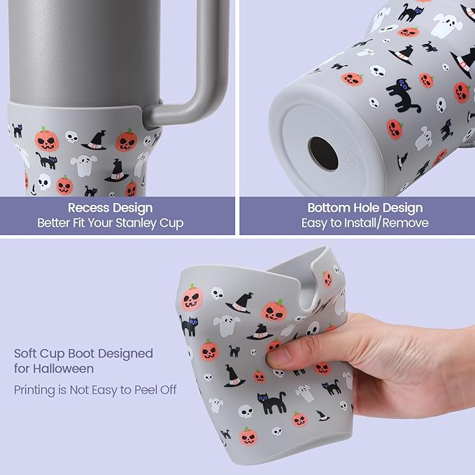 Halloween Boot for Stanley, Silicone Protector Sleeve for Stanley Quencher H2.0 FlowState Tumbler 40oz / Stanley Adventure Quencher Tumbler 40oz Cup Accessories (Gray)