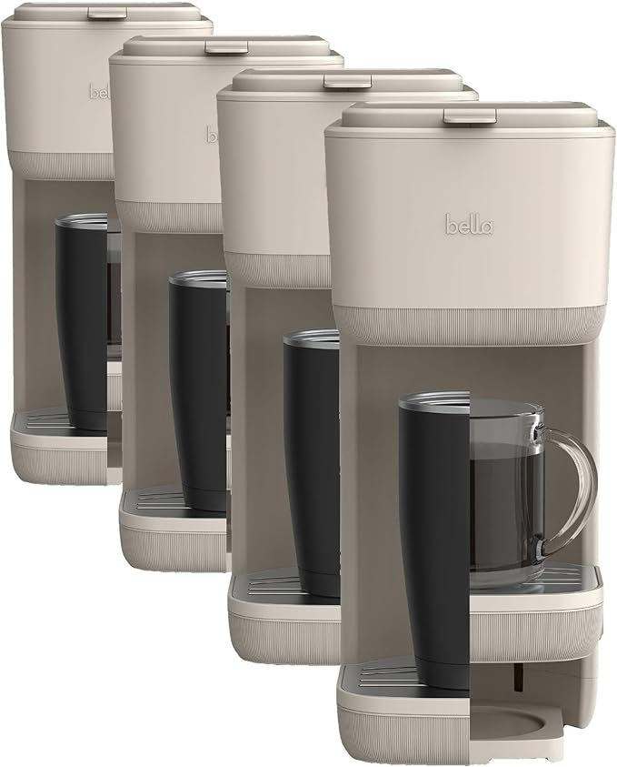 BELLA Single Serve Coffee Maker, K Cup & Coffee Ground Compatible with Removable, Adjustable Drip Tray, Auto Shutoff & Reusable Dishwasher Safe Accessories, Brews 6oz to 14oz, 1000 Watt, Oatmilk