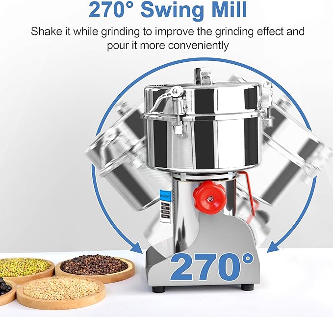 2000g Electric Grain Mill Grinder, 304 Stainless Steel Flour Mill, 3600W High Speed Spice Grinder, Electric Grain Mill for Dry Wheat, Oats, Corn, Pepper and Coffee Beans