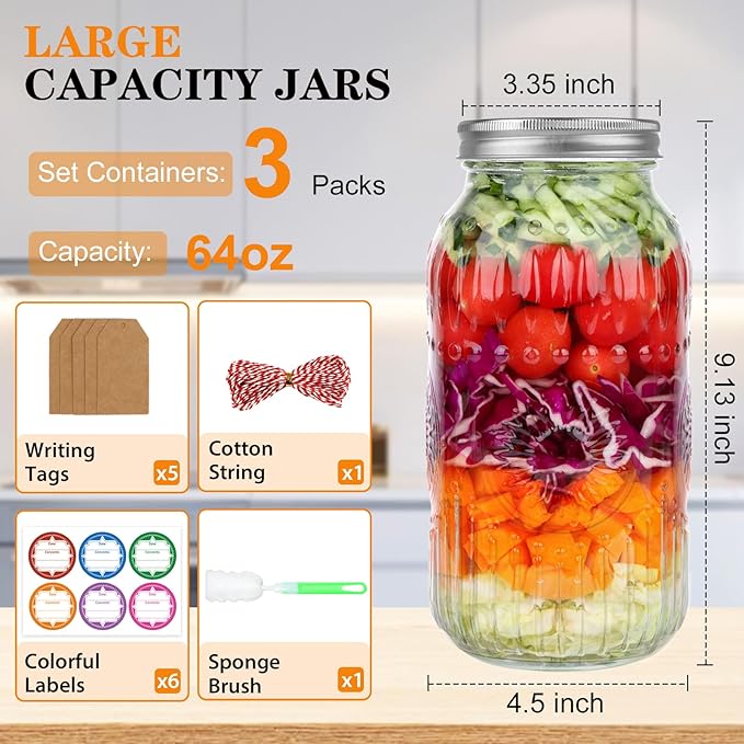 Wide Mouth Mason Jars 64 oz, 3 Pack Large Half Gallon Mason Jars with Airtight Lids and Bands, Clear Glass Canning Jars for Preserving, Pickling, Fermenting, Meal Prep & DIY Crafts (Sunflower)