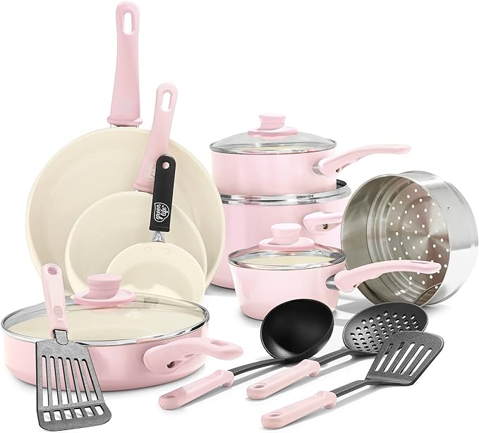 GreenLife 16 Piece Nonstick Cookware Set, Soft Grip Non-Toxic PFAS-Free Ceramic Pots & Pans, Dishwasher & Oven Safe, Frying, Sauce, Saute, Utensils, Glass Lids, Stay-Cool Handles, Wobble Free, Pink