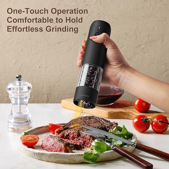 Ultrean Pepper Grinder, Rechargeable Salt and Pepper Grinder with 6 Adjustable Coarseness, LED Light, One-Hand Automatic Operation, Black