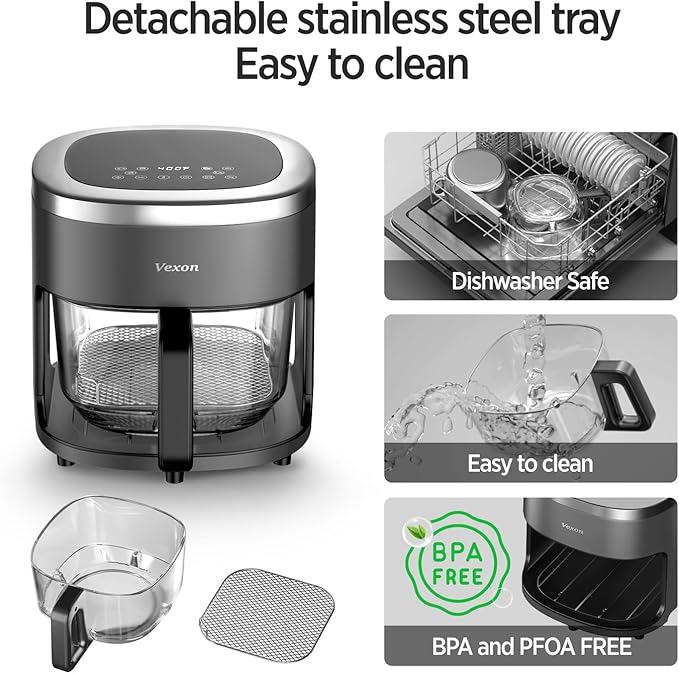 6-IN-1 Glass Air Fryer,4.5QT Air Fryer with Viewing Glass Pot, Air Fry, Dehydrate, Air Crisp Technology,Nonstick & Dishwasher Safe Basket,97% Less Oil,Features Digital Timer (Gray)