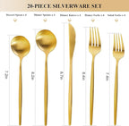 Gold Silverware Set for 4, MIKIWAY 20 Pieces Stainless Steel Flatware Set, Matte Golden Cutlery Tableware Set, Kitchen Utensils Set Include Spoons And Forks Set, Satin Polished, Dishwasher Safe